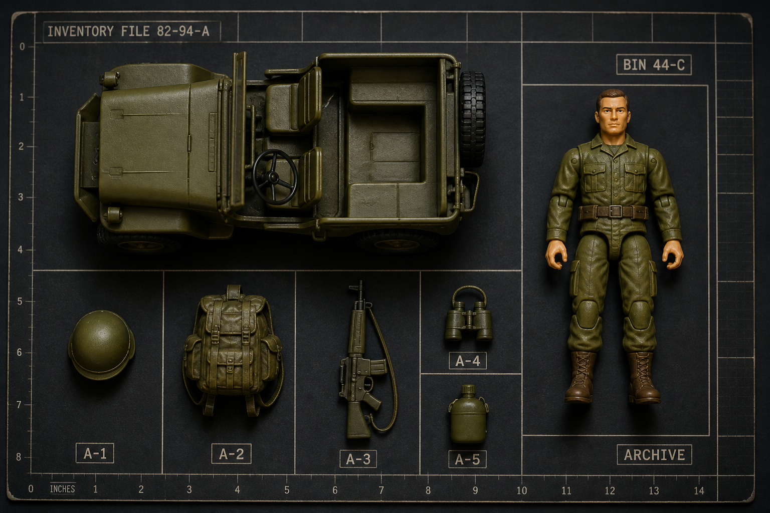 Original generic collector inventory photograph of a toy jeep, anonymous action figure, and accessories arranged for cataloging.